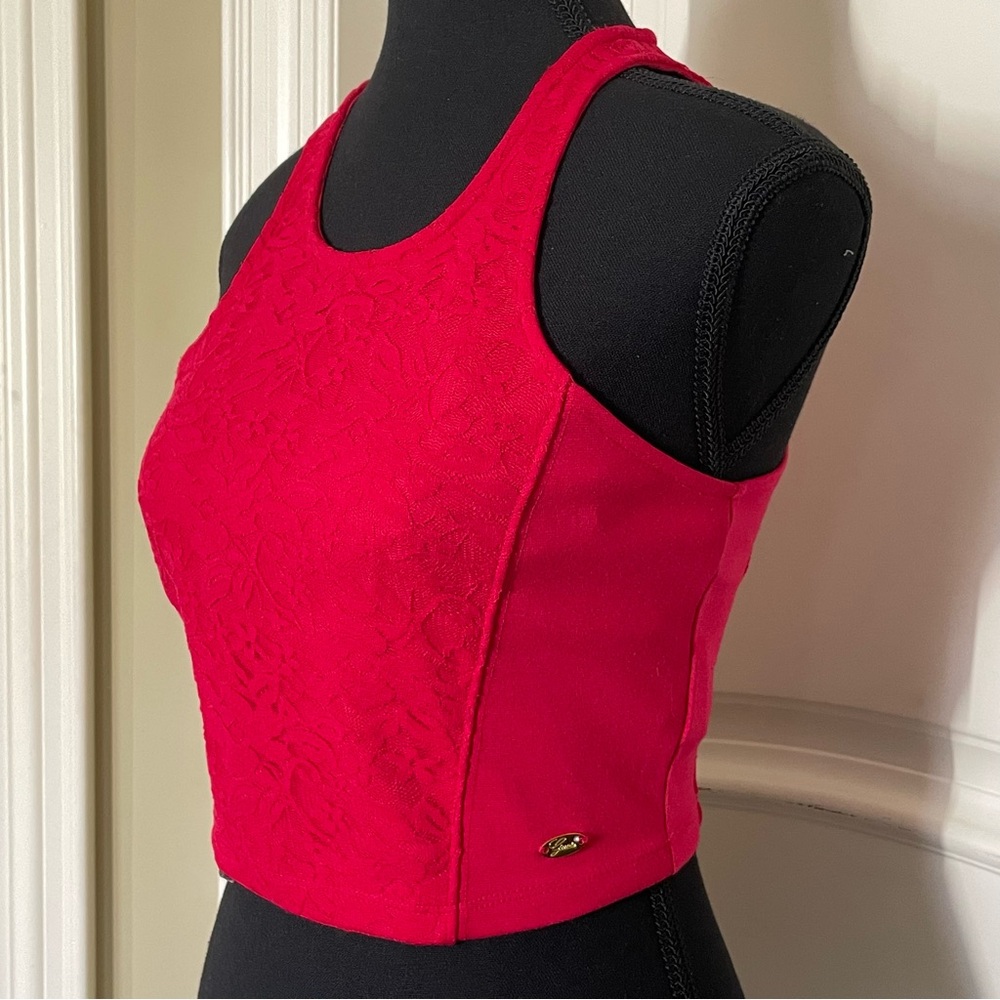 Guess Lace Floral Detailing Red Zip-Up Crop Top